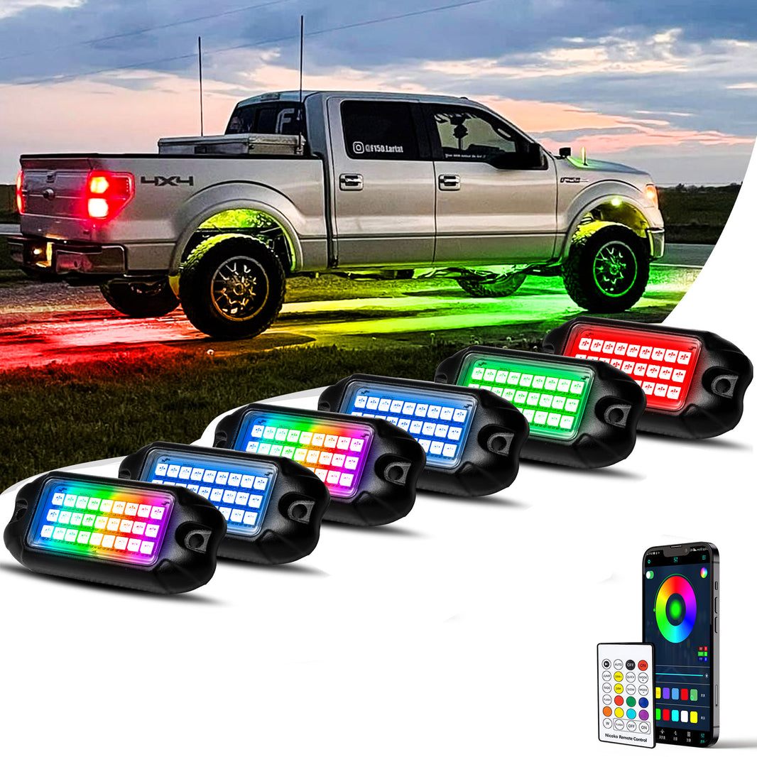 Nicoko 6 Pack RGB LED Chasing Multicolor Rock Lights with 108 LEDs Neon Underglow Kit with APP/RF Music Control Lighting with 4 Extension Wire Halo Over 200 Modes IP68 for Car,UTV, ATV, Truck 1 Year