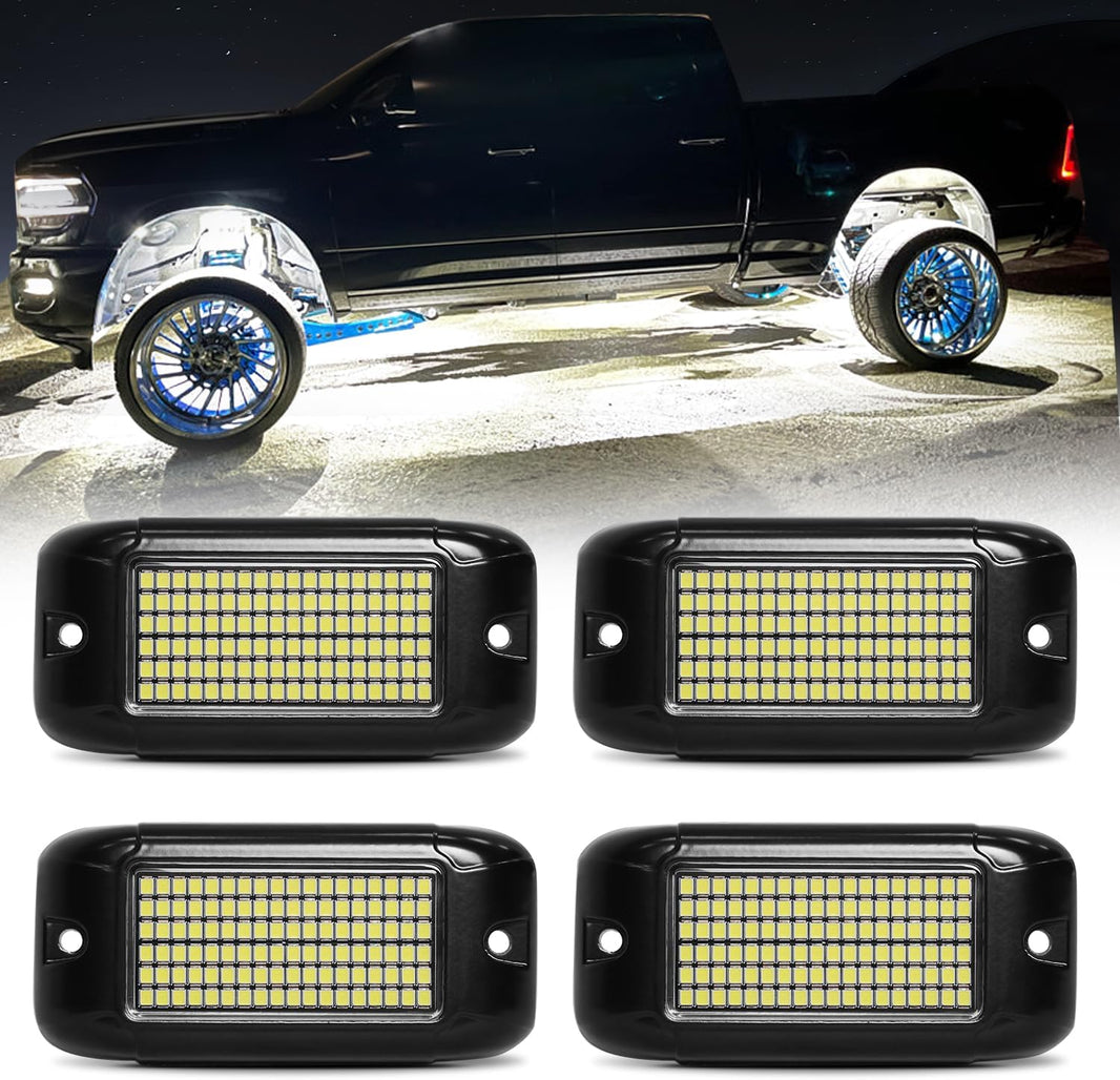 Nicoko 4Pods Pure White 108 LEDs SMD Chips 108w High Power Rock Lights Kit Super Bright White Offroad Car Boat Underglow Lights IP68 Waterproof for Truck SUV UTV ATV RZR