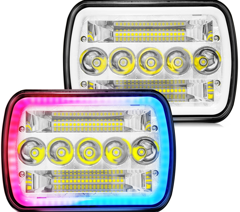 Nicoko H6054 Led Headlights 5x7 7x6 Led Headlamp High and Low Sealed Beam with RGB, Compatible for Jeep Wrangler Cherokee YJ XJ Ford E250 GMC Dodge Toyota Truck Van etc with H4 Plug （2 Pack）