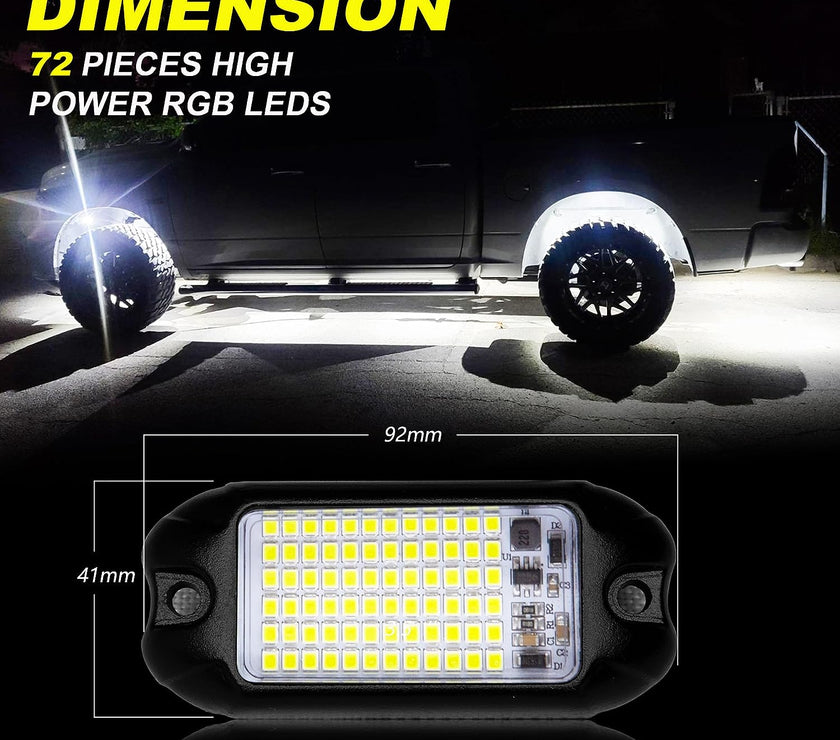 Nicoko 4Pods Pure White 72 LEDs SMD Chips 72w High Power Rock Lights Kit Super Bright White Offroad Car Boat Underglow Lights IP68 Waterproof for Truck SUV UTV ATV RZR