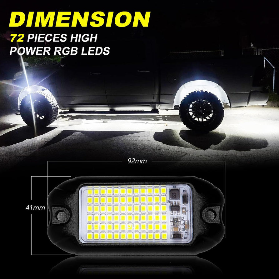 Nicoko 4Pods Pure White 72 LEDs SMD Chips 72w High Power Rock Lights Kit Super Bright White Offroad Car Boat Underglow Lights IP68 Waterproof for Truck SUV UTV ATV RZR