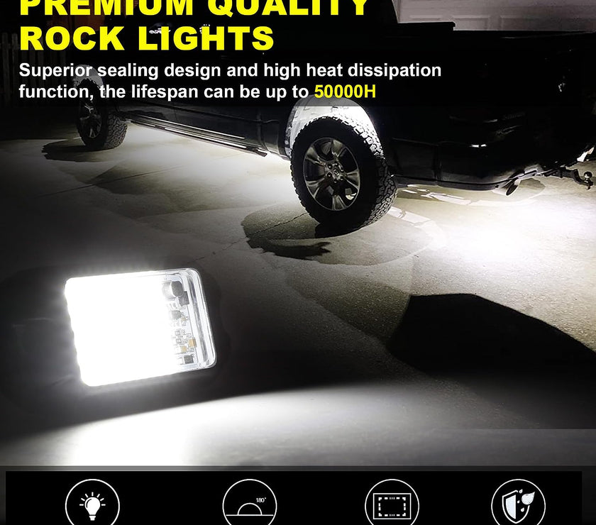 Nicoko 4Pods Pure White 72 LEDs SMD Chips 72w High Power Rock Lights Kit Super Bright White Offroad Car Boat Underglow Lights IP68 Waterproof for Truck SUV UTV ATV RZR