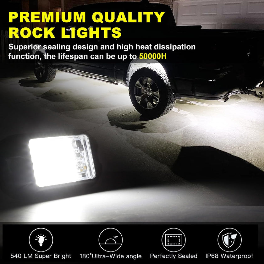 Nicoko 4Pods Pure White 72 LEDs SMD Chips 72w High Power Rock Lights Kit Super Bright White Offroad Car Boat Underglow Lights IP68 Waterproof for Truck SUV UTV ATV RZR