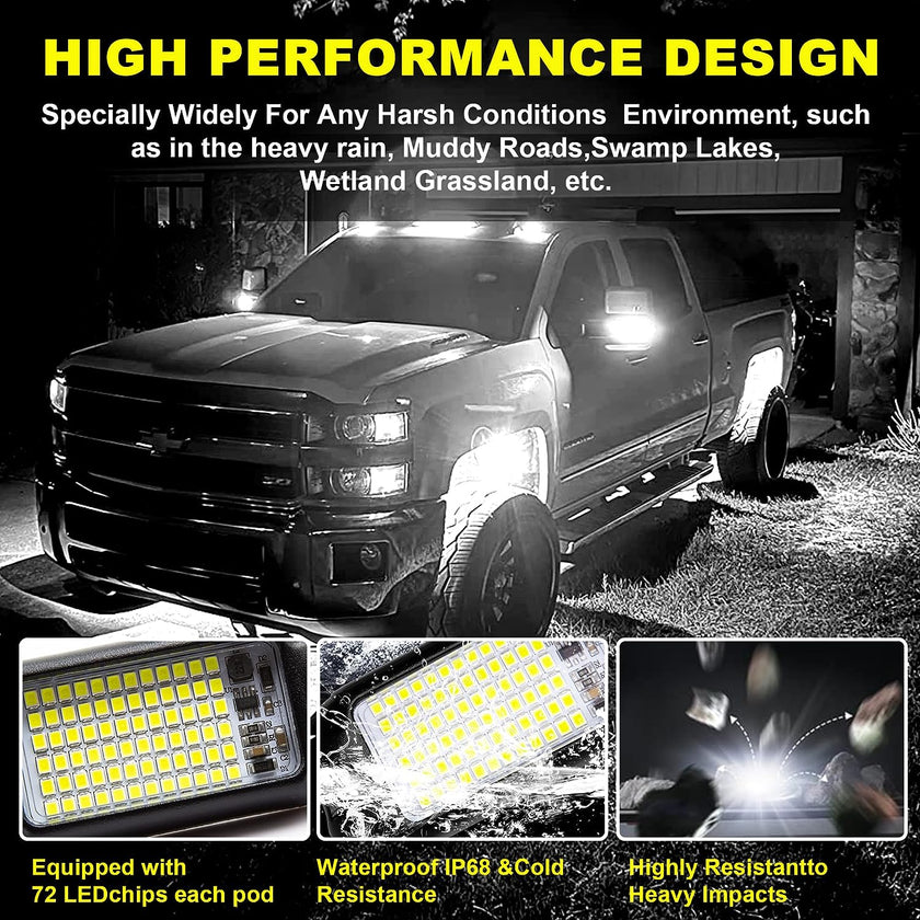 Nicoko 4Pods Pure White 72 LEDs SMD Chips 72w High Power Rock Lights Kit Super Bright White Offroad Car Boat Underglow Lights IP68 Waterproof for Truck SUV UTV ATV RZR