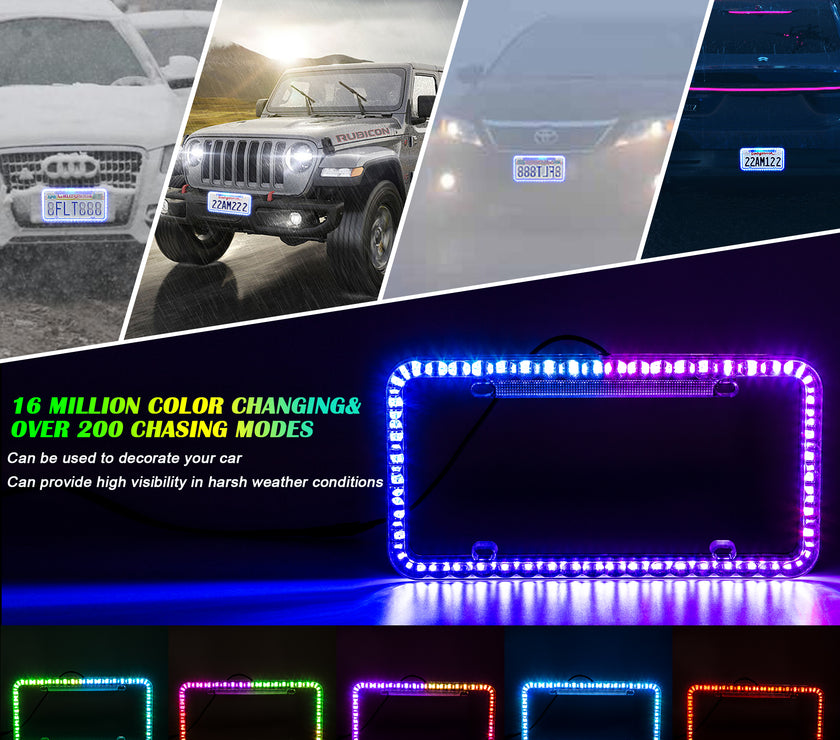 Nicoko Multicolour License Plate Lights APP&Remote Control License Plate Frames, IP68 Waterproof Multicolor LED Chasing Halo License Plate Lights with Brake Function (Clear car Plate -2pcs)