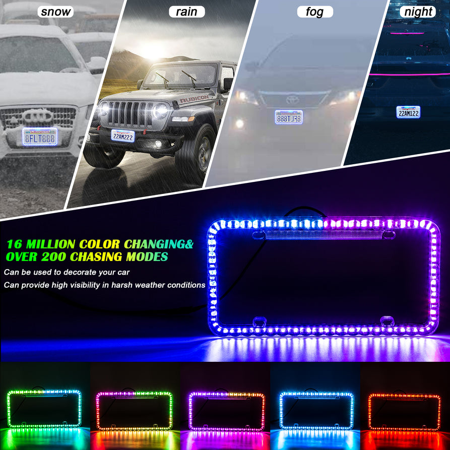 Nicoko Multicolour License Plate Lights APP&Remote Control License Plate Frames, IP68 Waterproof Multicolor LED Chasing Halo License Plate Lights with Brake Function (Clear car Plate -2pcs)