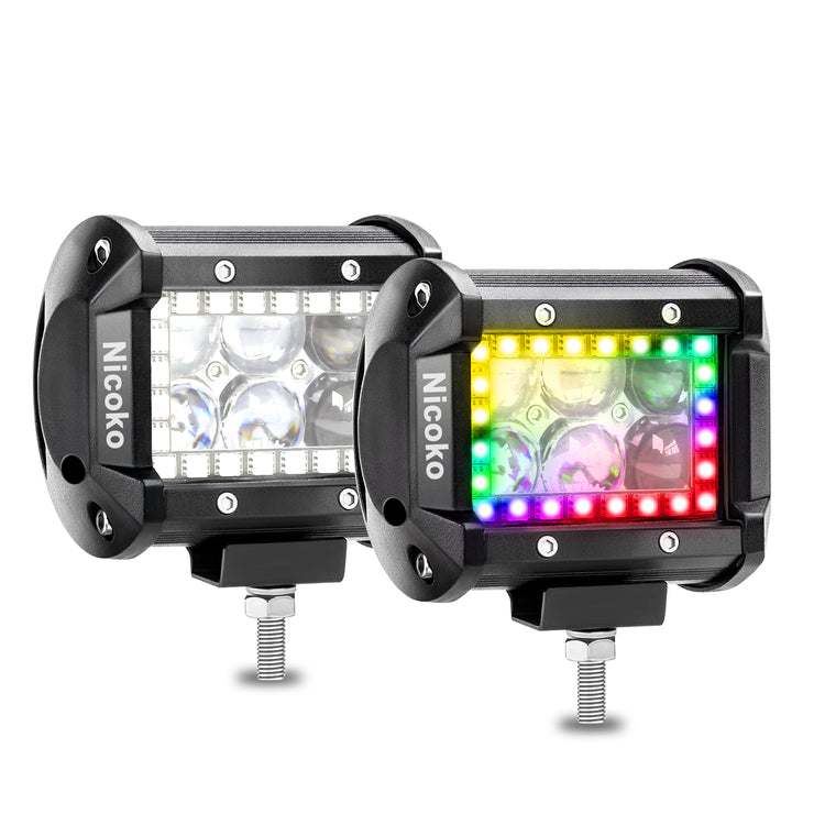 Nicoko RGB Led pods 2 pcs 4Inch 18W 1560LM Multicolor Spot Chase Lights App&Remote Controlled