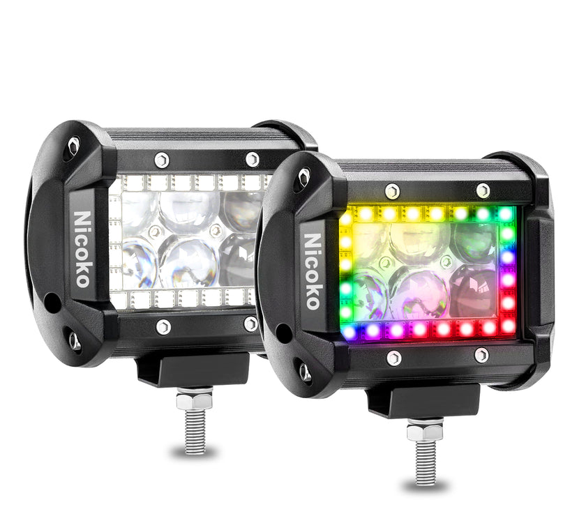 Nicoko RGB Led pods 2 pcs 4Inch 18W 1560LM Multicolor Spot Chase Lights App&Remote Controlled