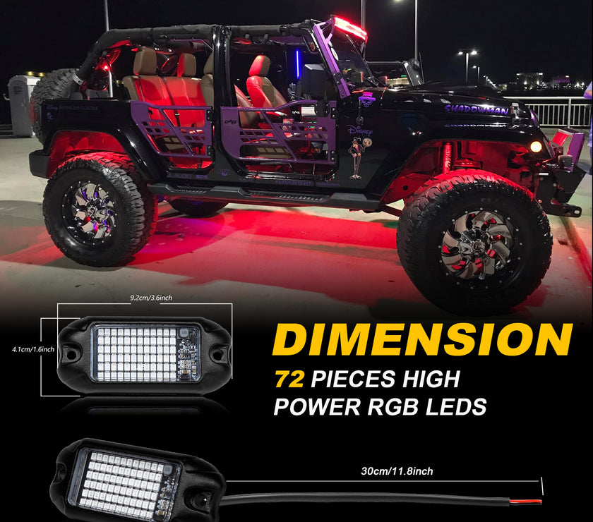 Nicoko 4Pods PureRed 72 LEDs SMD Chips 72w High Power Rock Lights Kit Super Bright Red Offroad Car Boat Underglow Lights IP68 Waterproof for Truck SUV UTV ATV RZR