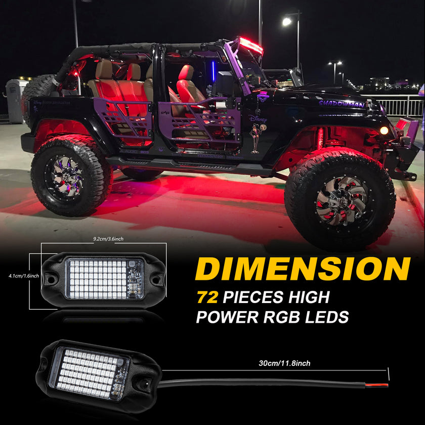 Nicoko 4Pods PureRed 72 LEDs SMD Chips 72w High Power Rock Lights Kit Super Bright Red Offroad Car Boat Underglow Lights IP68 Waterproof for Truck SUV UTV ATV RZR