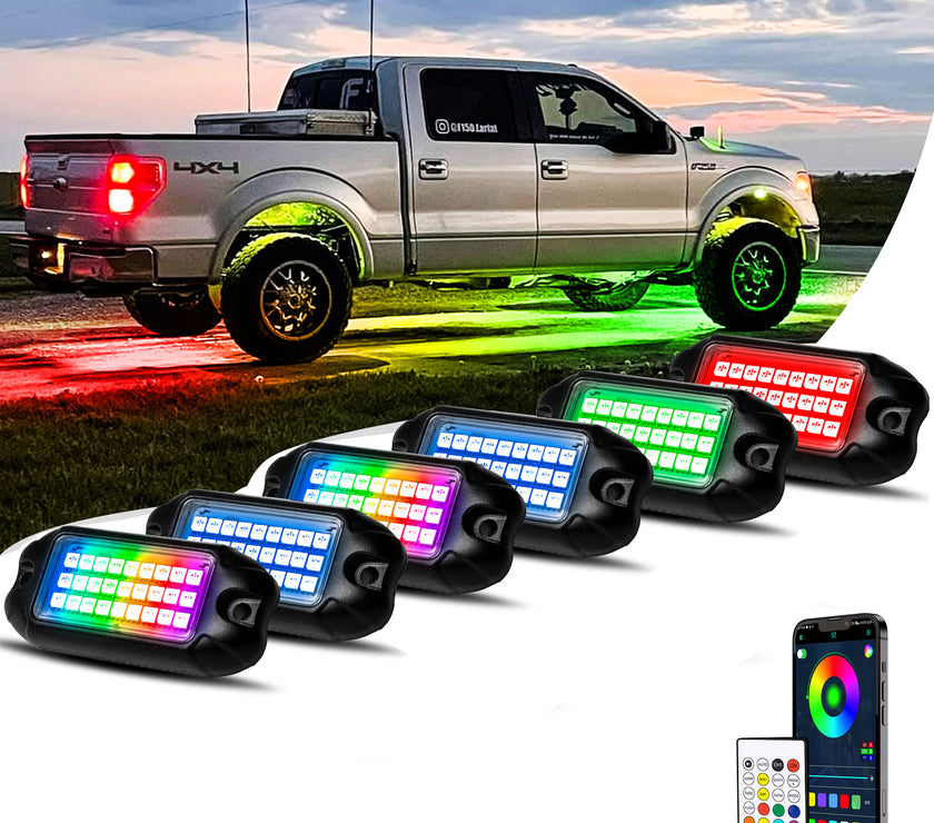 Nicoko 6 Pack RGB LED Chasing Multicolor Rock Lights with 108 LEDs Neon Underglow Kit with APP/RF Music Control Lighting with 4 Extension Wire Halo Over 200 Modes IP68 for Car，UTV, ATV, Truck 1 Year