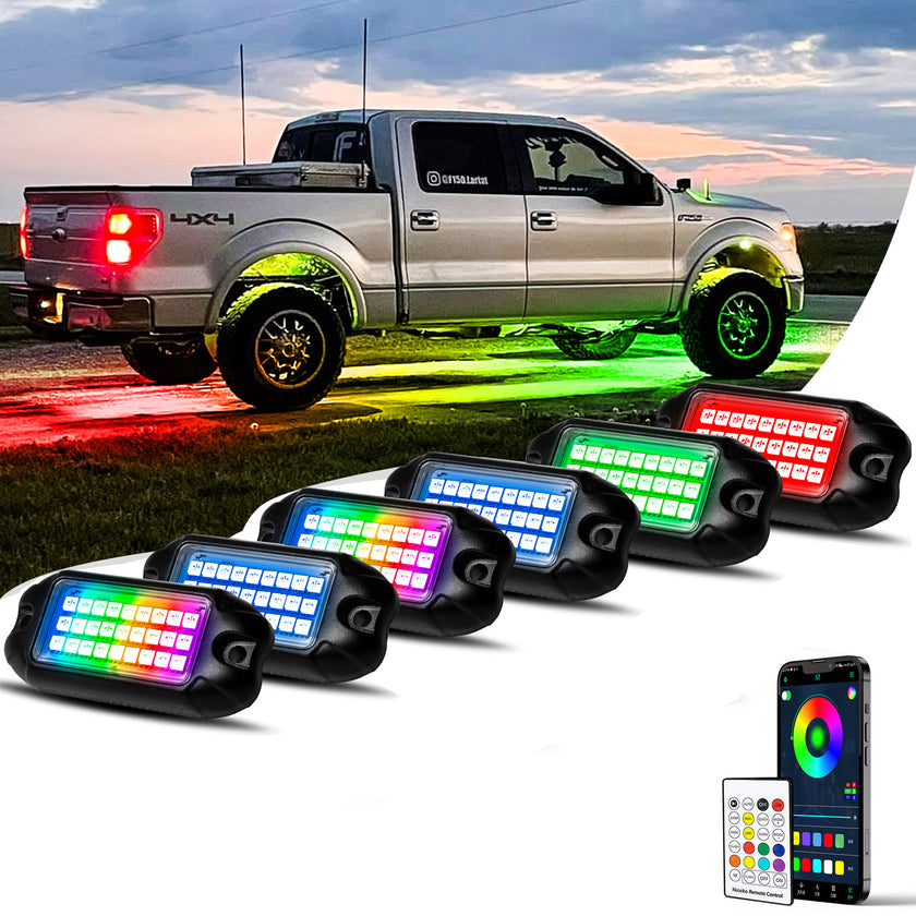 Nicoko 6 Pack RGB LED Chasing Multicolor Rock Lights with 108 LEDs Neon Underglow Kit with APP/RF Music Control Lighting with 4 Extension Wire Halo Over 200 Modes IP68 for Car，UTV, ATV, Truck 1 Year