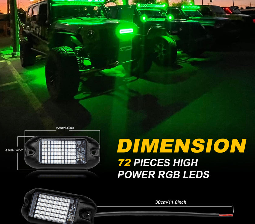 Nicoko 4Pods Pure Green 72 LEDs SMD Chips 72w High Power Rock Lights Kit Super Bright Green Offroad Car Boat Underglow Lights IP68 Waterproof for Truck SUV UTV ATV RZR