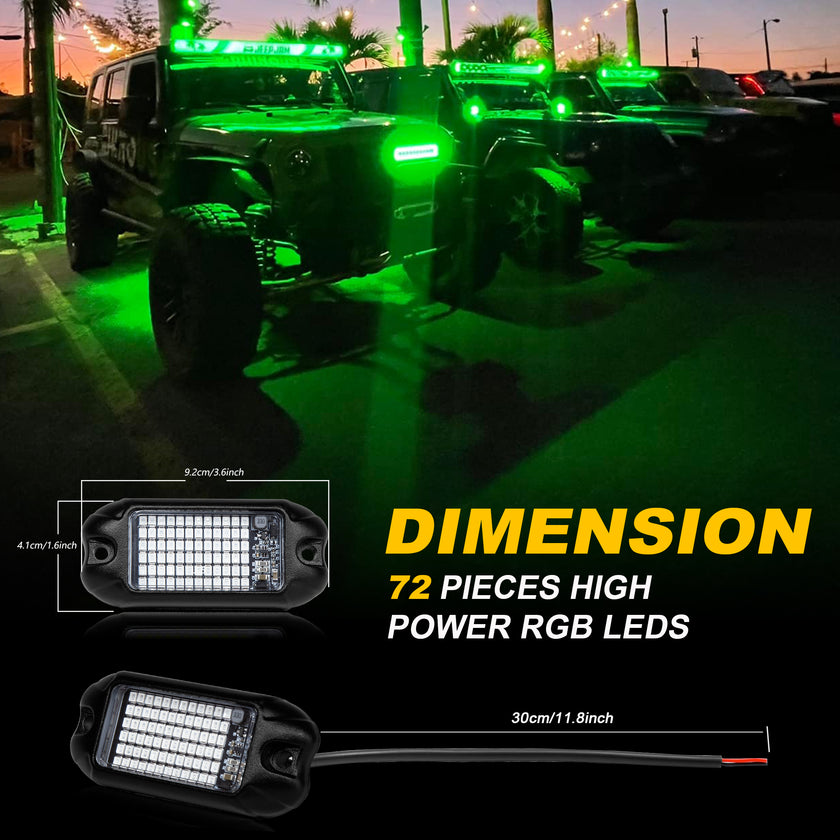 Nicoko 4Pods Pure Green 72 LEDs SMD Chips 72w High Power Rock Lights Kit Super Bright Green Offroad Car Boat Underglow Lights IP68 Waterproof for Truck SUV UTV ATV RZR