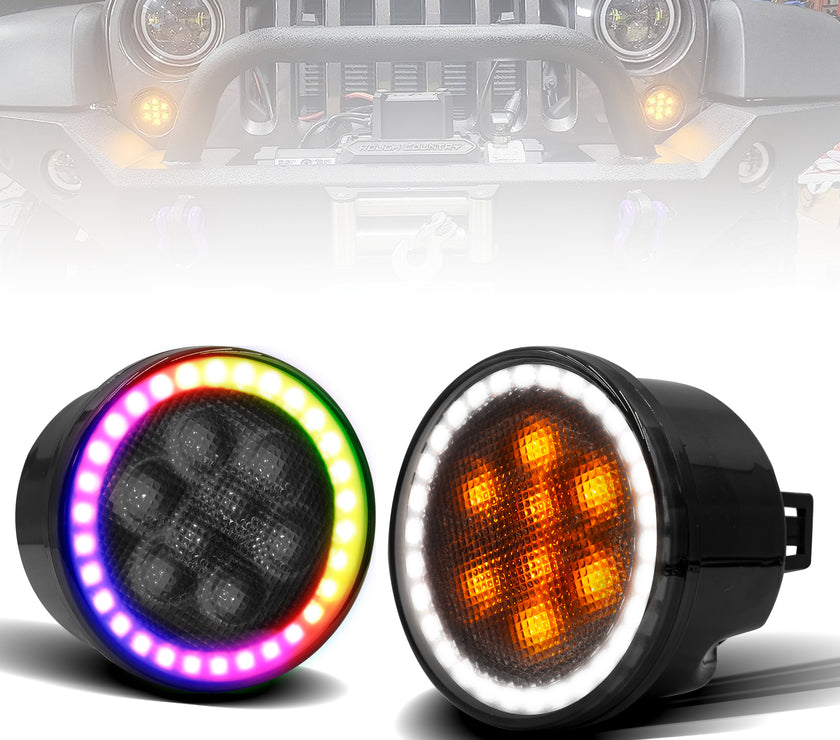 Nicoko Smoked Lens Turn Signals Lights with Multicolor Halo ring controlled by Bluetooth&Remote, Amber LED Front Grill Indicator Parking Lights with 2007-2018 J-e-e-p Wrangler JK JKU PACK2