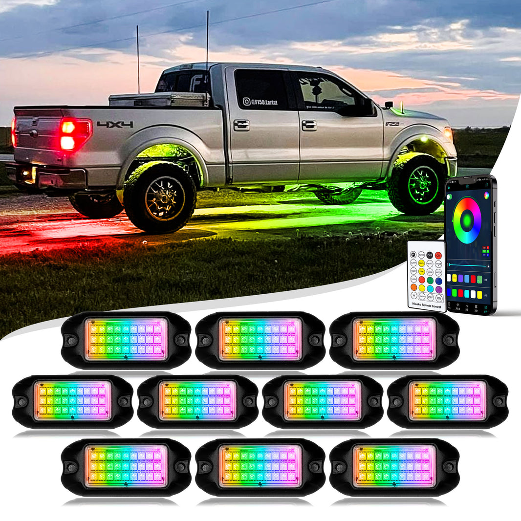 Nicoko 10 Pack RGB LED Chasing Multicolor Neon Rock Lights