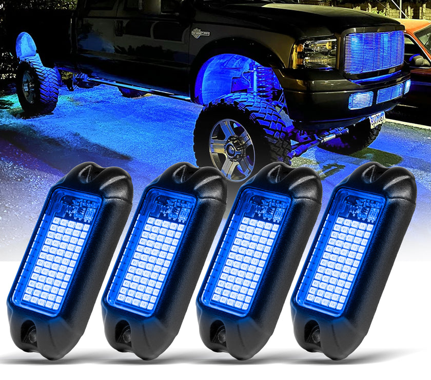 Nicoko 4Pods Pure Blue 72 LEDs SMD Chips 72w High Power Rock Lights Kit Super Bright Blue Offroad Car Boat Underglow Lights IP68 Waterproof for Truck SUV UTV ATV RZR