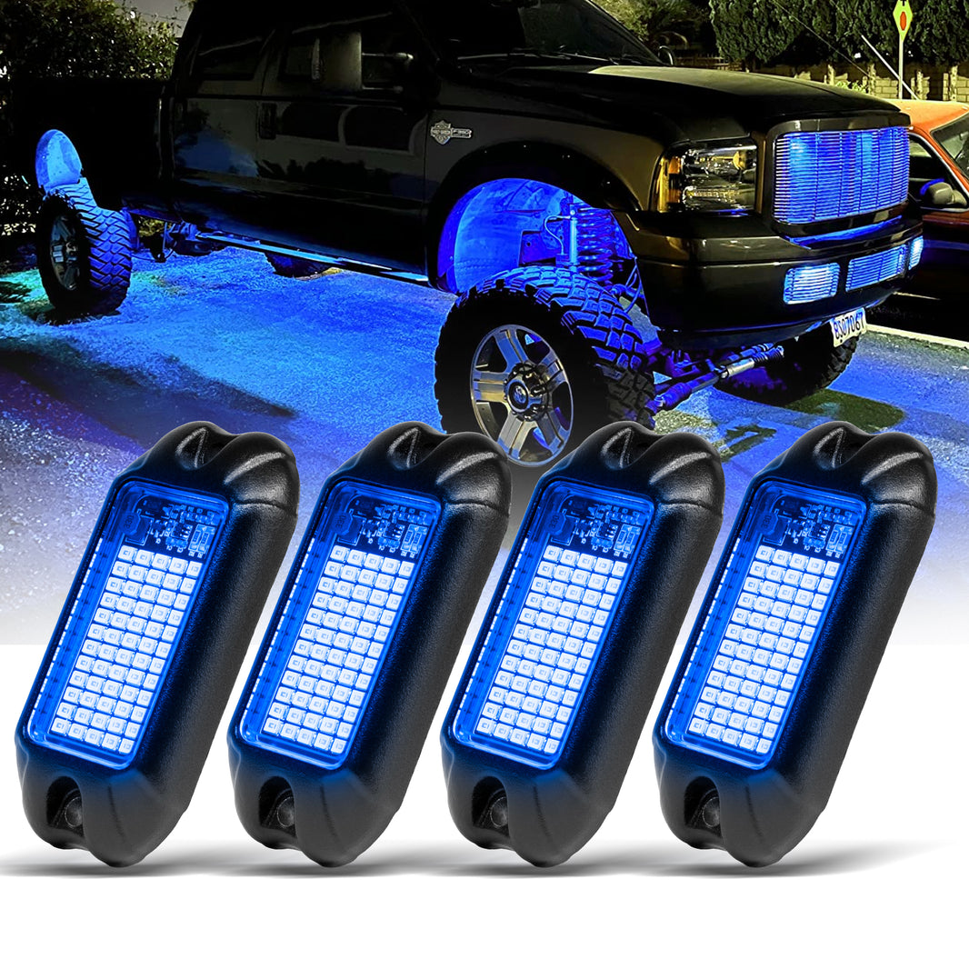 Nicoko 4Pods Pure Blue 72 LEDs SMD Chips 72w High Power Rock Lights Kit Super Bright Blue Offroad Car Boat Underglow Lights IP68 Waterproof for Truck SUV UTV ATV RZR