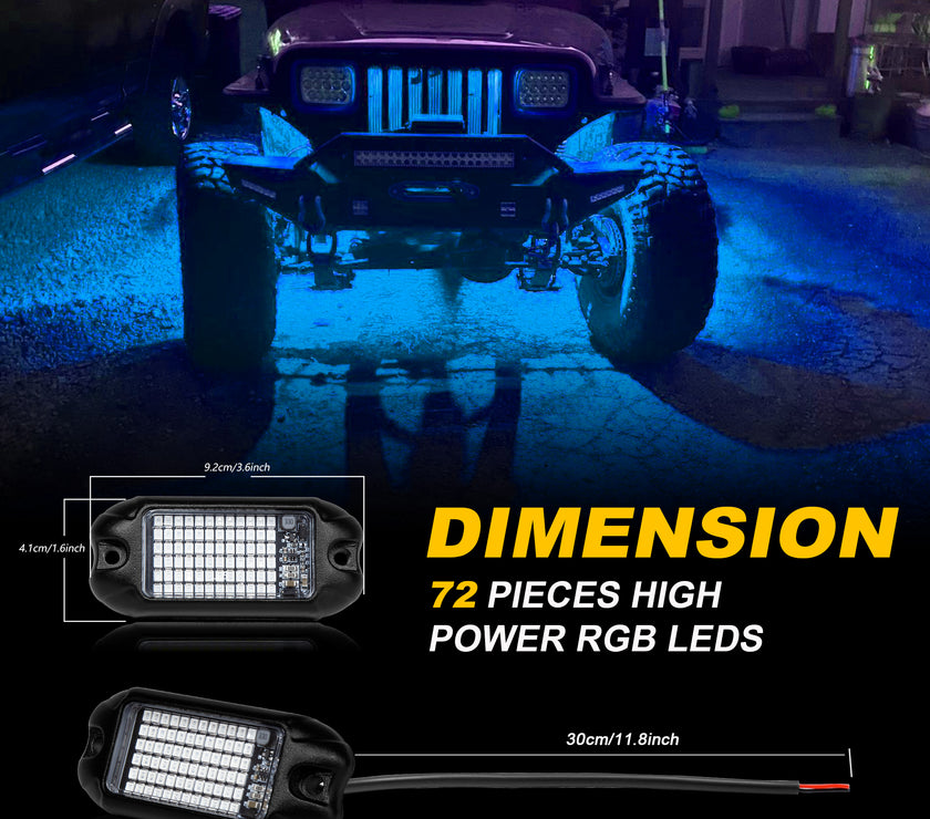 Nicoko 4Pods Pure Blue 72 LEDs SMD Chips 72w High Power Rock Lights Kit Super Bright Blue Offroad Car Boat Underglow Lights IP68 Waterproof for Truck SUV UTV ATV RZR