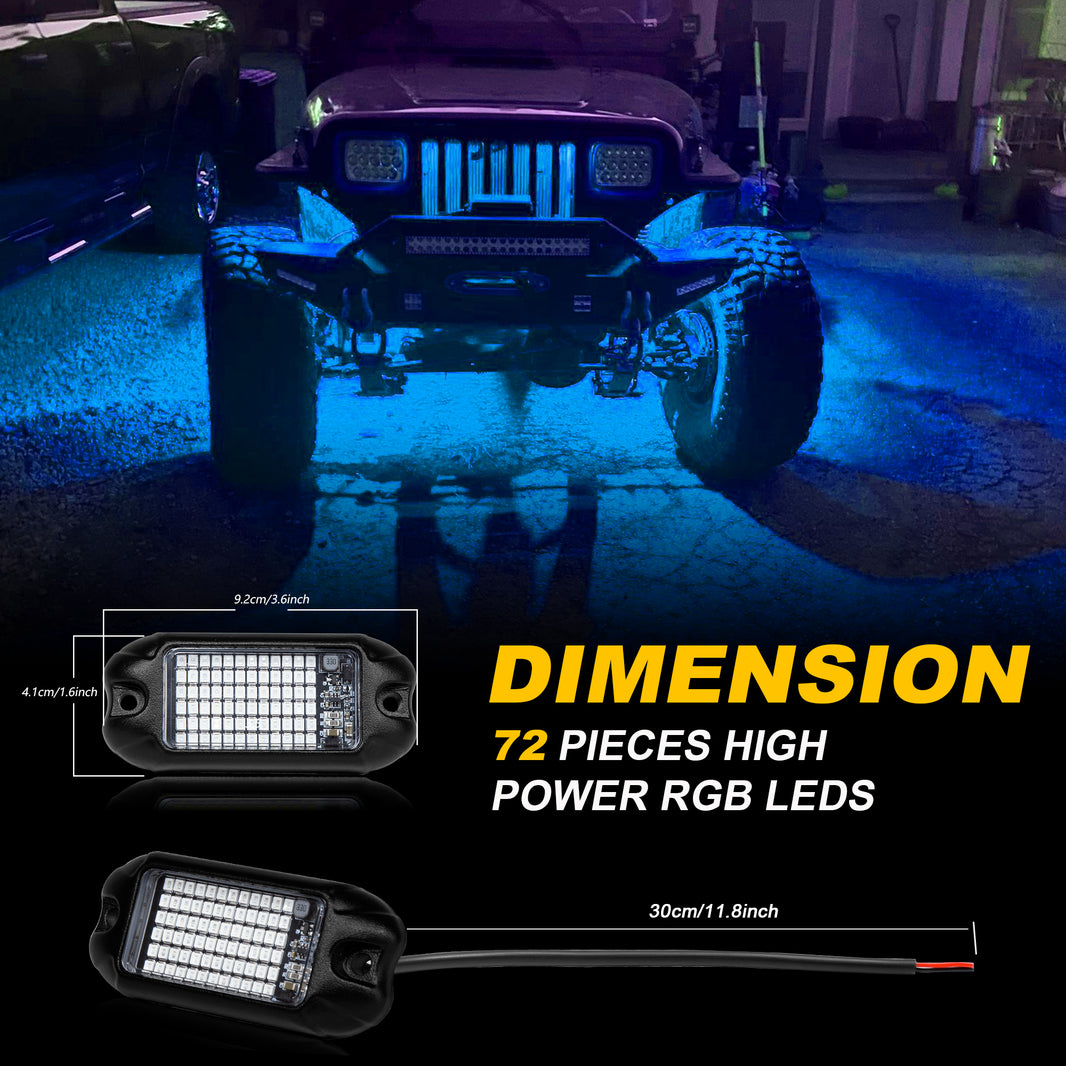 Nicoko 4Pods Pure Blue 72 LEDs SMD Chips 72w High Power Rock Lights Kit Super Bright Blue Offroad Car Boat Underglow Lights IP68 Waterproof for Truck SUV UTV ATV RZR