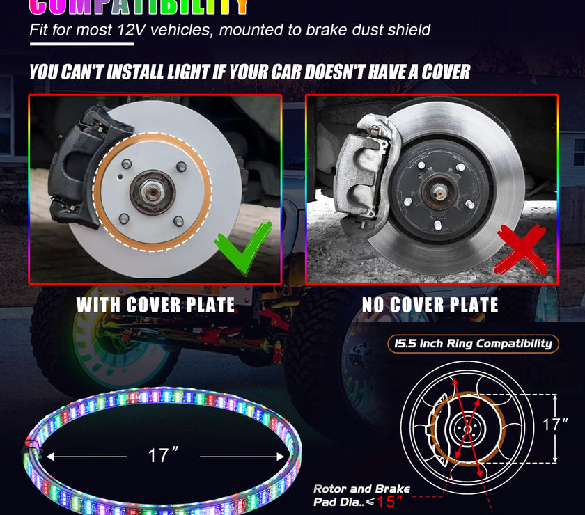 Nicoko 4PCS 17inch 6 Rows LED Wheel Ring Lights RGB with APP&Remote Control w/Turn Signal and Braking Function