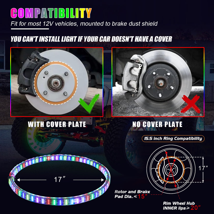 Nicoko 4PCS 17inch 6 Rows LED Wheel Ring Lights RGB with APP&Remote Control w/Turn Signal and Braking Function