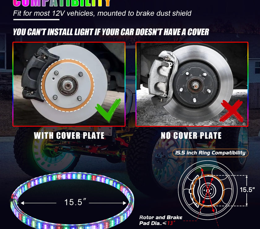 Nicoko 4PCS 15.5inch 6 Rows LED Wheel Ring Lights RGB with APP&Remote Control w/Turn Signal and Braking Function