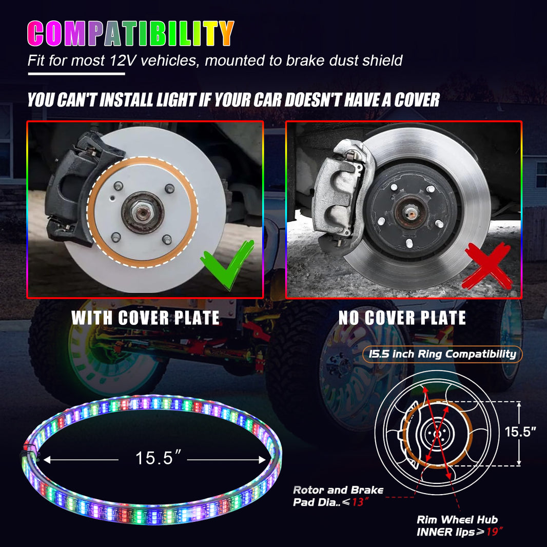 Nicoko 4PCS 15.5inch 6 Rows LED Wheel Ring Lights RGB with APP&Remote Control w/Turn Signal and Braking Function