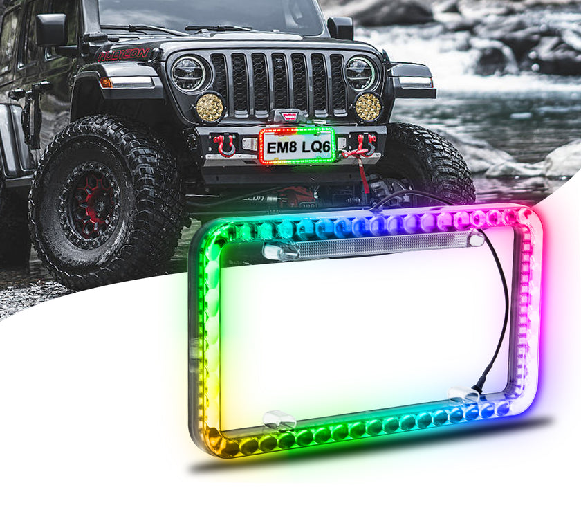 Nicoko Multicolour License Plate Lights APP&Remote Control 12 V License Plate Frames, IP68 Waterproof Multicolor LED Chasing Halo License Plate Lights with Brake Function (1PCS)