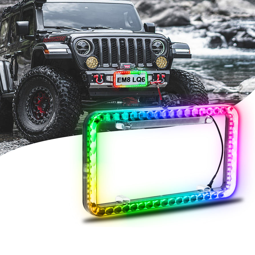 Nicoko Multicolour License Plate Lights APP&Remote Control 12 V License Plate Frames, IP68 Waterproof Multicolor LED Chasing Halo License Plate Lights with Brake Function (1PCS)