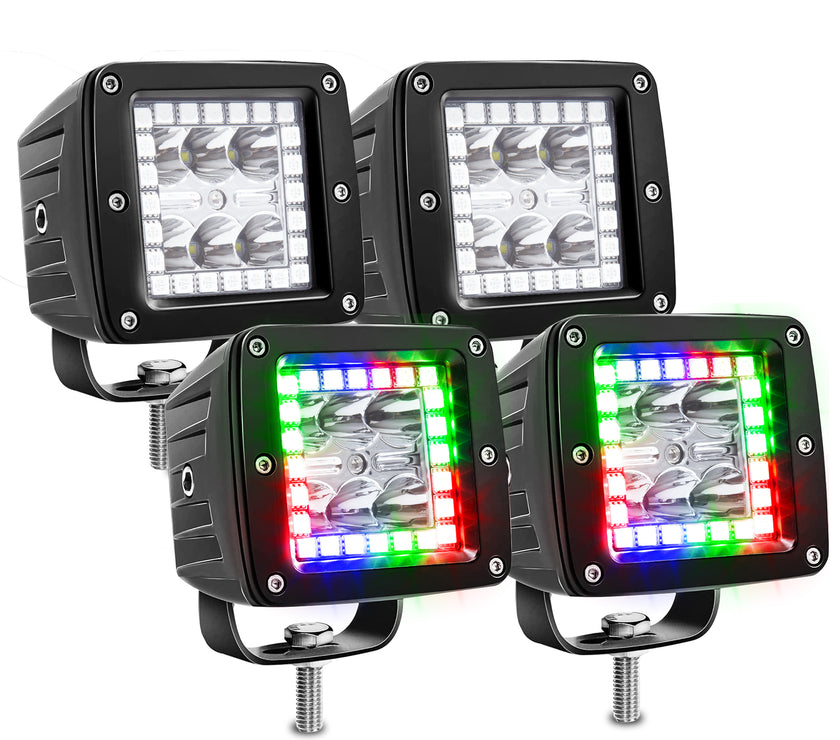 Nicoko 3 Inch 18w RGB led Works Light Offroad Lights Square pods Pack 4