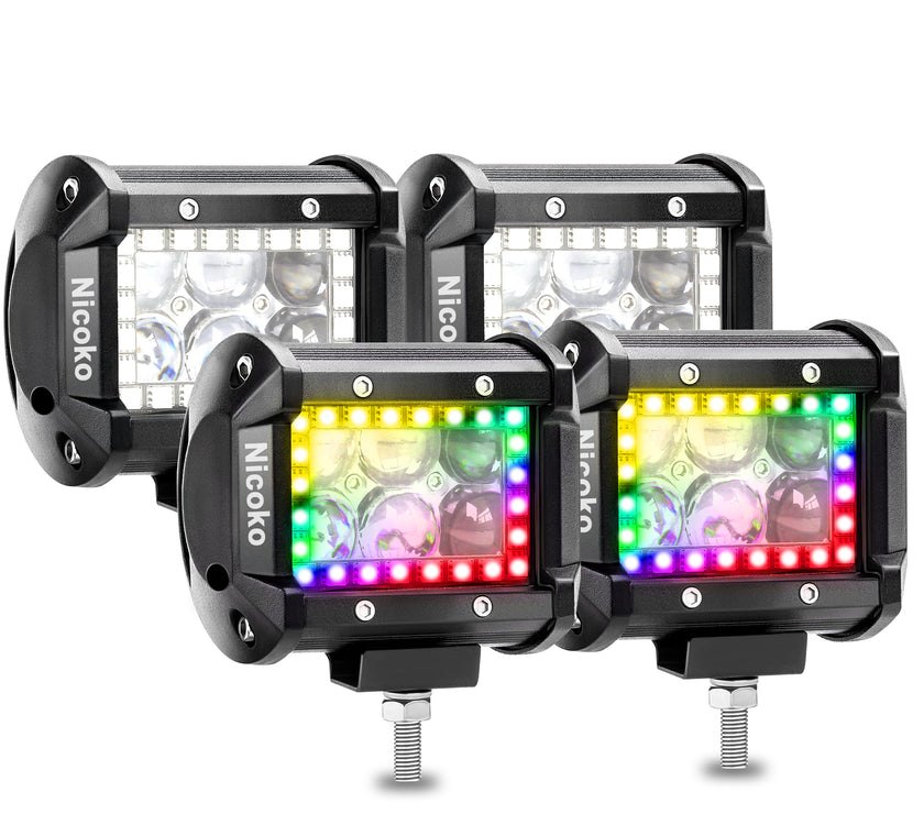 Nicoko RGB Led pods 4 pcs 4Inch 18W 1560LM Multicolor Spot Chase Lights App&Remote Controlled