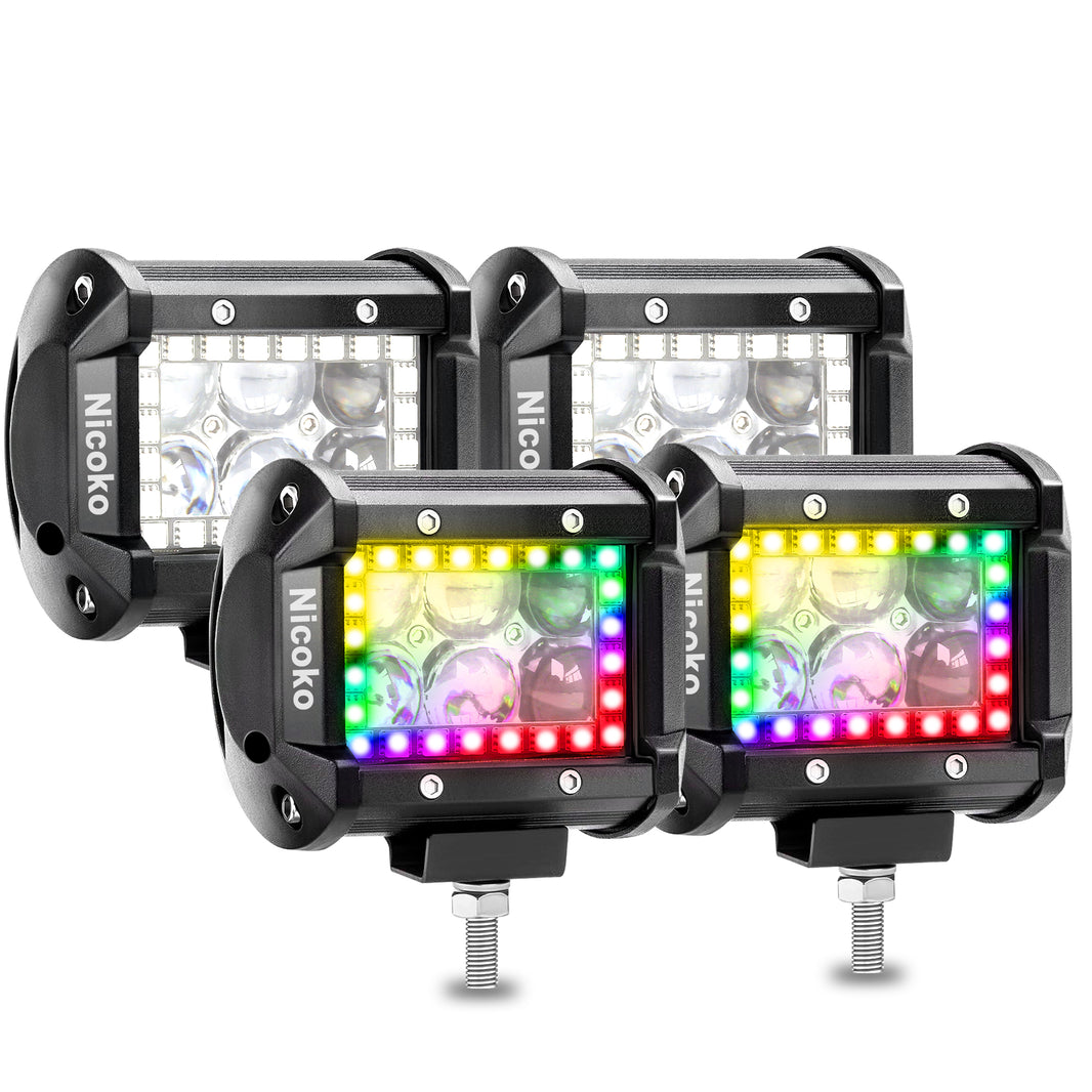 Nicoko RGB Led pods 4 pcs 4Inch 18W 1560LM Multicolor Spot Chase Lights App&Remote Controlled