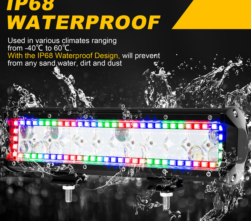 12 inch 72W 7200LM Straight Double Row Spot Flood LED Light Bar with RGB Halo Ring