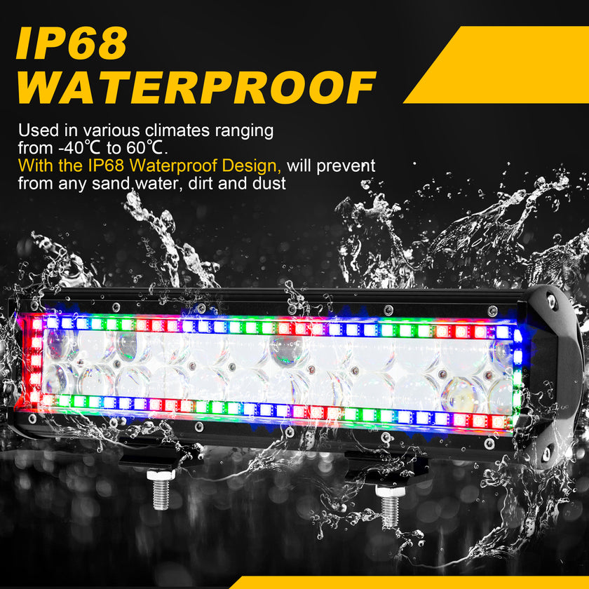 12 inch 72W 7200LM Straight Double Row Spot Flood LED Light Bar with RGB Halo Ring