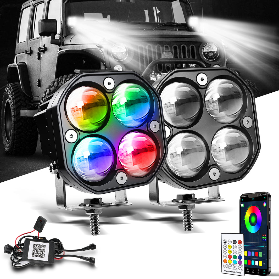 Nicoko 40W LED Spotlight Light Pods: Ultra Strong 4D Lens Design Pods Light with RGB Color Change Function Led Off Road Driving Fog Light Truck Spotlight Offroad Lights