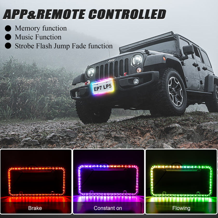 Nicoko Multicolour License Plate Lights APP&Remote Control 12 V License Plate Frames, IP68 Waterproof Multicolor LED Chasing Halo License Plate Lights with Brake Function (1PCS)