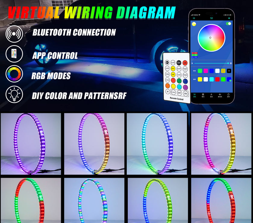 Nicoko 4PCS 17inch 6 Rows LED Wheel Ring Lights RGB with APP&Remote Control w/Turn Signal and Braking Function