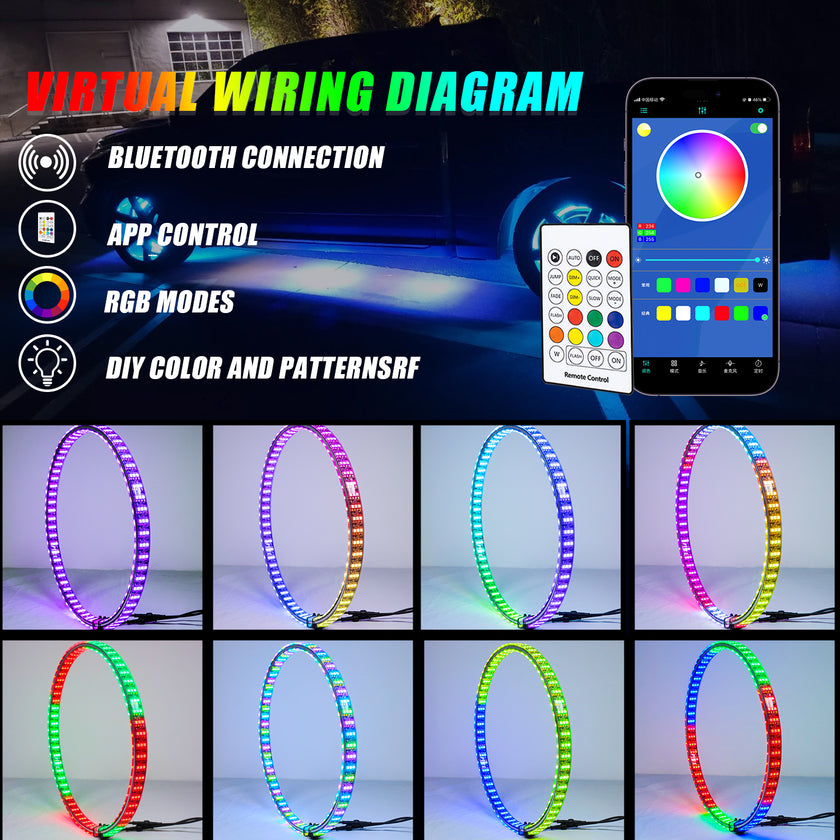 Nicoko 4PCS 17inch 6 Rows LED Wheel Ring Lights RGB with APP&Remote Control w/Turn Signal and Braking Function