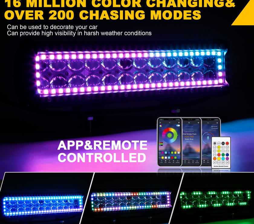 12 inch 72W 7200LM Straight Double Row Spot Flood LED Light Bar with RGB Halo Ring