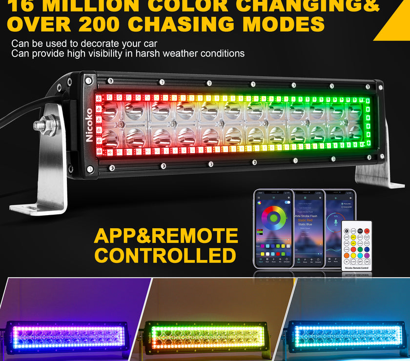 Nicoko 12Inch 72W Spot Lights Led light bar with RGB Chasing Halo