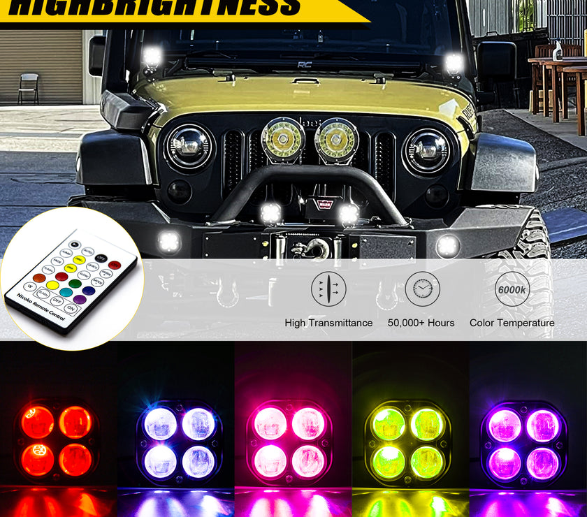 Nicoko 40W LED Spotlight Light Pods: Ultra Strong 4D Lens Design Pods Light with RGB Color Change Function Led Off Road Driving Fog Light Truck Spotlight Offroad Lights