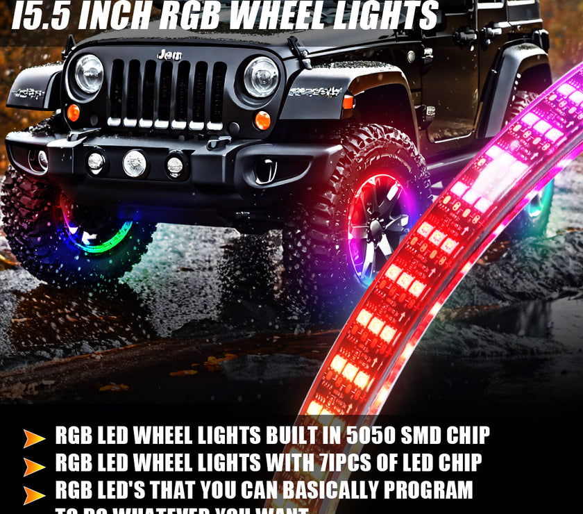 Nicoko 4PCS 17inch 6 Rows LED Wheel Ring Lights RGB with APP&Remote Control w/Turn Signal and Braking Function