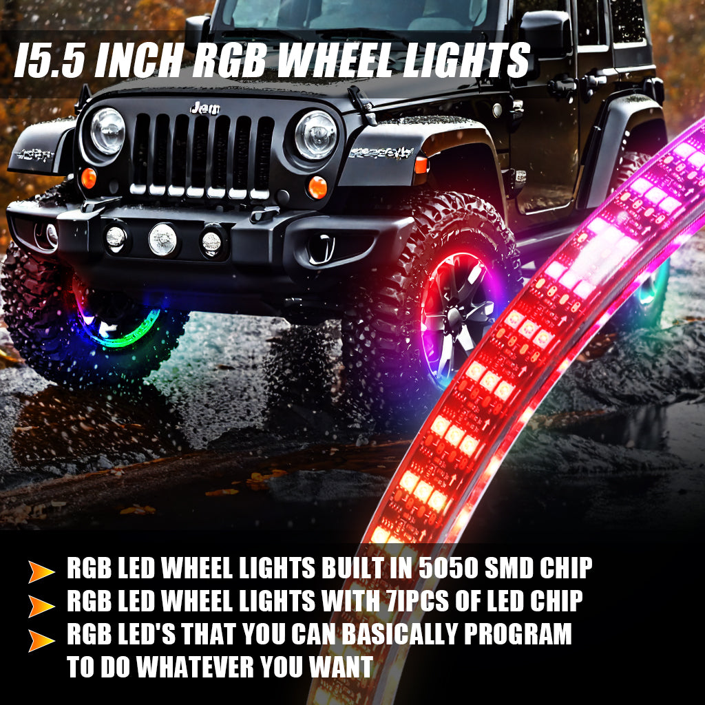 17.5" RGB LED Wheel Ring Lights For Trucks & Cars – 4PC Set, APP/Remote, IP68, Chasing Flow