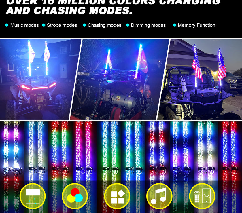 1set 2PC 3FT RGB 16million Colors bluetooth app & RF Remote Control LED Whip Light w/ Flag