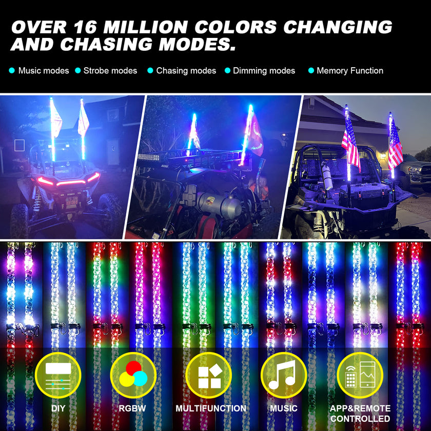 1set 2PC 3FT RGB 16million Colors bluetooth app & RF Remote Control LED Whip Light w/ Flag