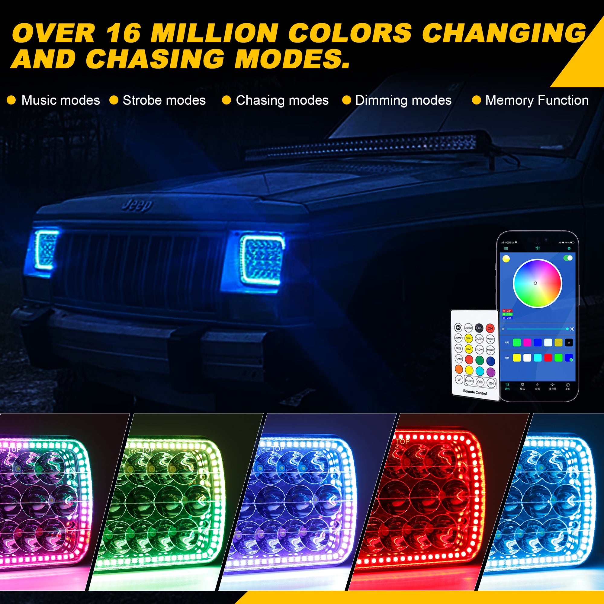 Nicoko 45w 7x6 RGB Chasing Headlights ,5x7 Led headlights High/Low Bea