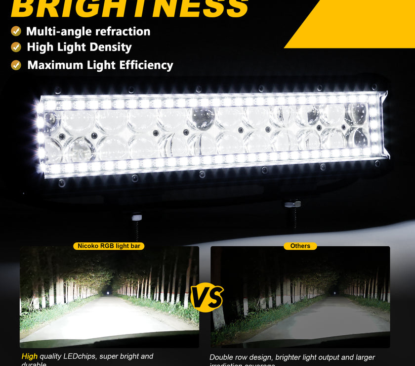 12 inch 72W 7200LM Straight Double Row Spot Flood LED Light Bar with RGB Halo Ring