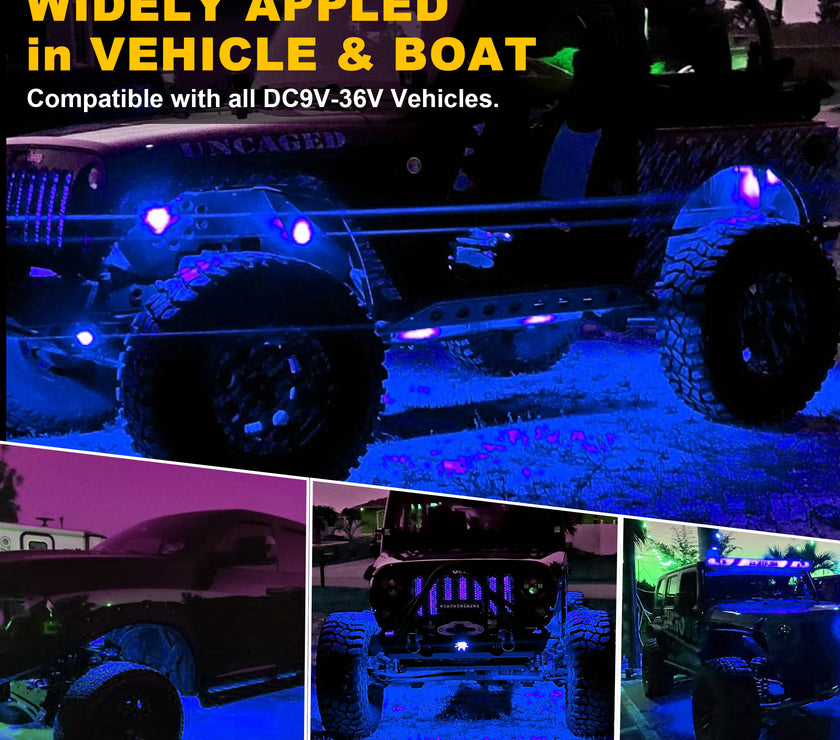 Nicoko 4Pods Pure Blue 72 LEDs SMD Chips 72w High Power Rock Lights Kit Super Bright Blue Offroad Car Boat Underglow Lights IP68 Waterproof for Truck SUV UTV ATV RZR