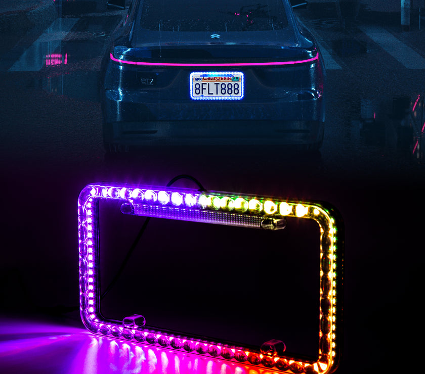 Nicoko Multicolour License Plate Lights APP&Remote Control 12 V License Plate Frames, IP68 Waterproof Multicolor LED Chasing Halo License Plate Lights with Brake Function (1PCS)